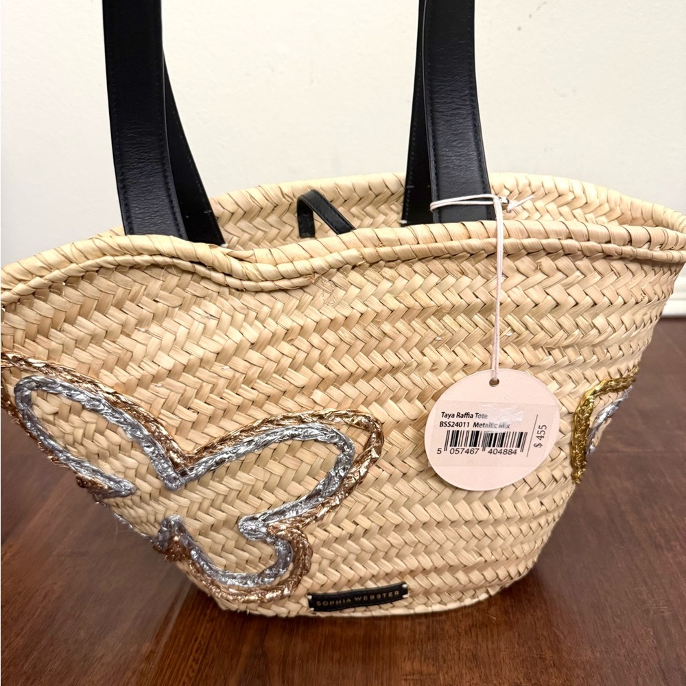 NWT Sophia Webster Taya Raffia Tote Mixed Metallic Butterfly & Black Leather - Picture 5 of 16